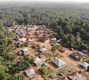 An aerial view of a village surrounded by rainforest
