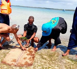Mohammed Kassim (left)  and other members of Beach Management Unit (BMU) display how they make holes in a hessian bag to place seagrass seedlings planted underwater.