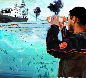 an illustration of a man standing with a pair of binoculars held up to his face, watching a ship in the distance with water in between them