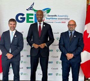 Canada’s minister of environment and climate change, Steven Guilbeault with minister Ahmed Hussen of Canada’s International Development and GEF CEO Carlos Manuel Rodriguez at the 7th Global Environment Facility Assembly in Vancouver, Canada. By Imelda Abano