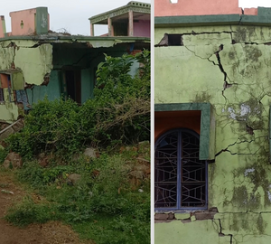 A longshot (left) and a close-up (right) of a broken green house which bears severe cracks in the walls.