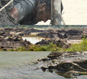 A cropped photo with three panels, one showing a miner, one of the landscape and one of a crocodile eye in the water
