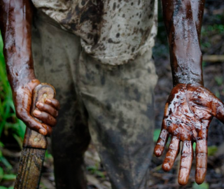 An individual displays his hands covered with oil from the Niger Delta.