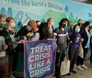 Youth advocates for climate gather at the COP26 venue in Glasgow, demanding climate action and justice as part of the Fridays for Future campaign. Young people from various countries are taking part in the campaign. Photo: Shamsuddin Illius