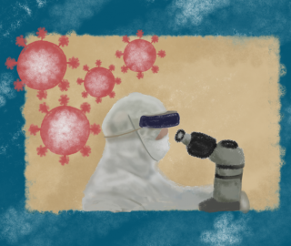 illustration of person in white lab coat with germs