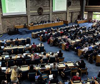 Hundreds of delegates negotiate biodiversity issues in a plenary venue at the United Nations in Nairobi. 