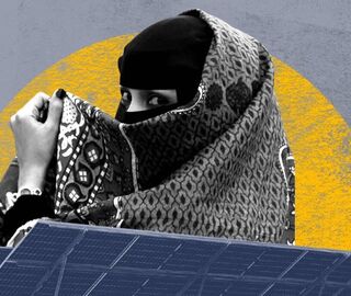 Composed graphic of woman in niqab with solar panels in the foreground