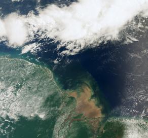A plume of sediment from the mighty Amazon disgorged into the Atlantic Ocean.
