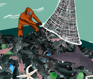 An illustration of a man emptying a net full of fish. 