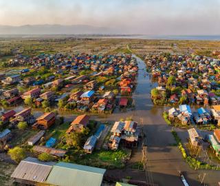 An aerial view of fishing villages and informal settlements alongside Lake Inle in Myanmar.
