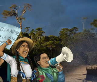 illustration of indigenous people protesting by César Galarza