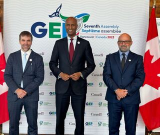 Canada’s minister of environment and climate change, Steven Guilbeault with minister Ahmed Hussen of Canada’s International Development and GEF CEO Carlos Manuel Rodriguez at the 7th Global Environment Facility Assembly in Vancouver, Canada. By Imelda Abano